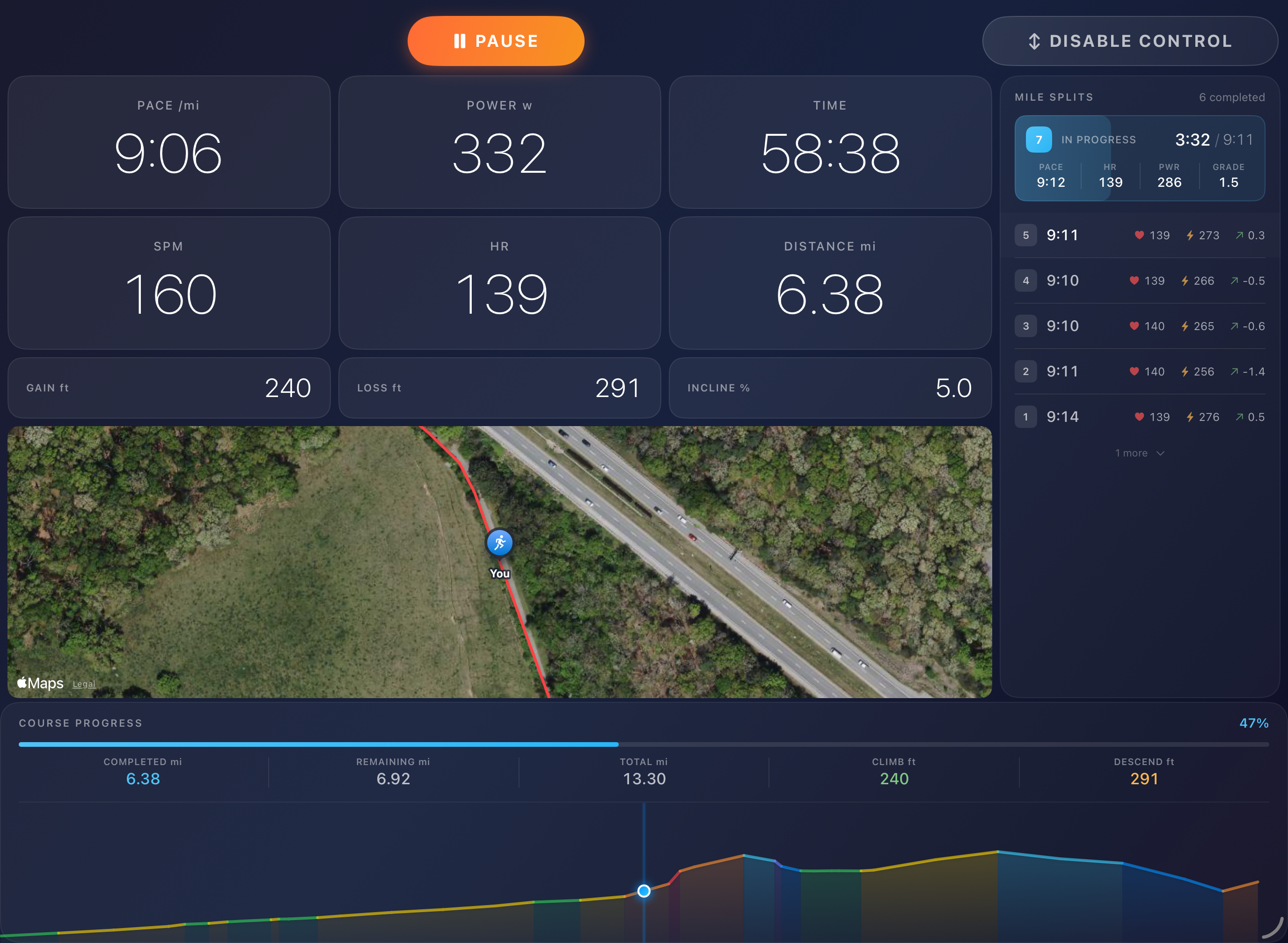 PowerTread course simulation in-progress run view