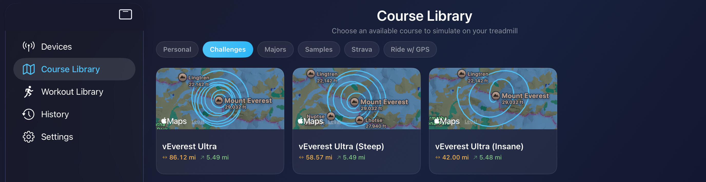 PowerTread challenge courses including Virtual Everest