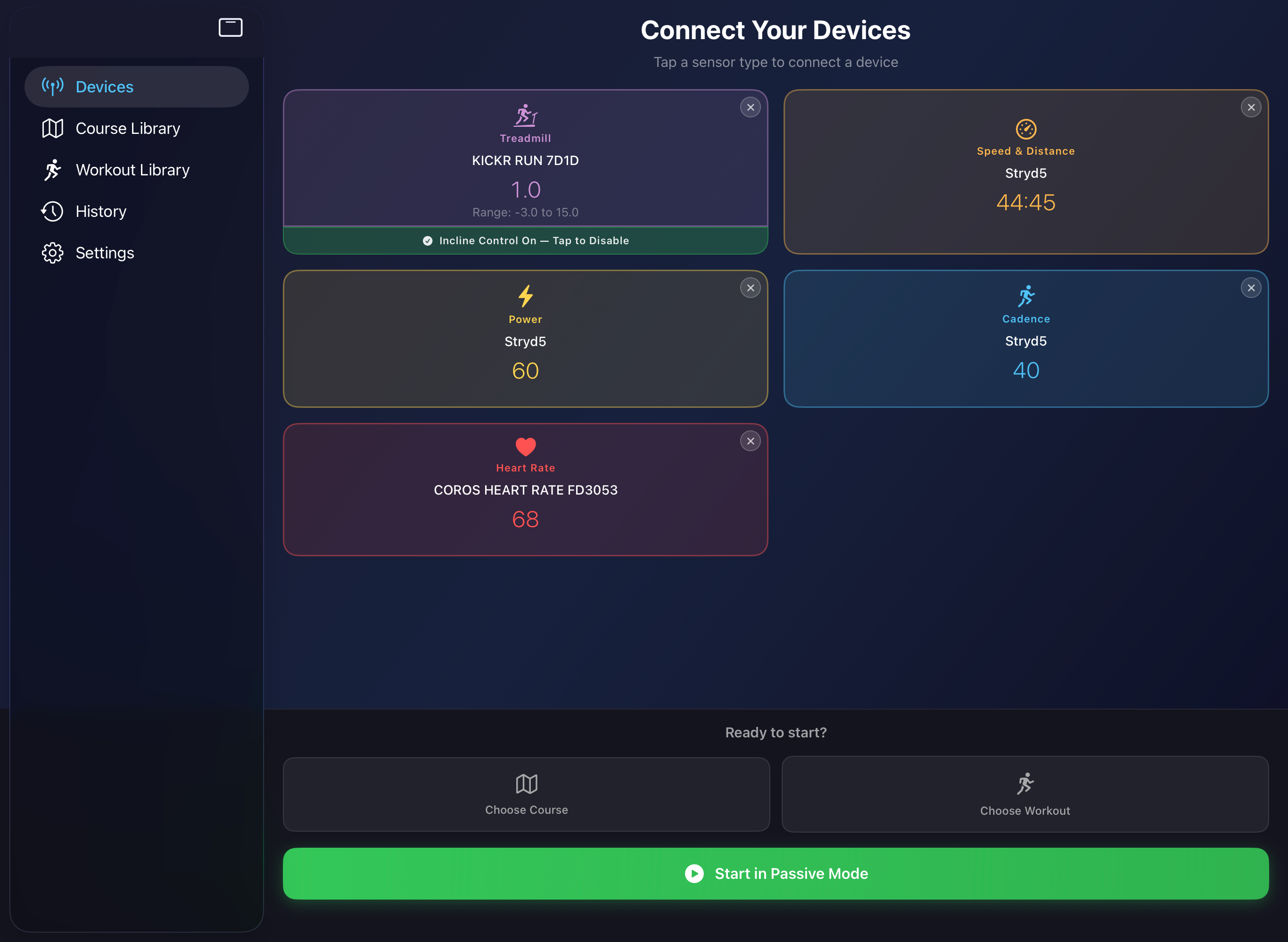 PowerTread device pairing screen showing treadmill and sensor connections