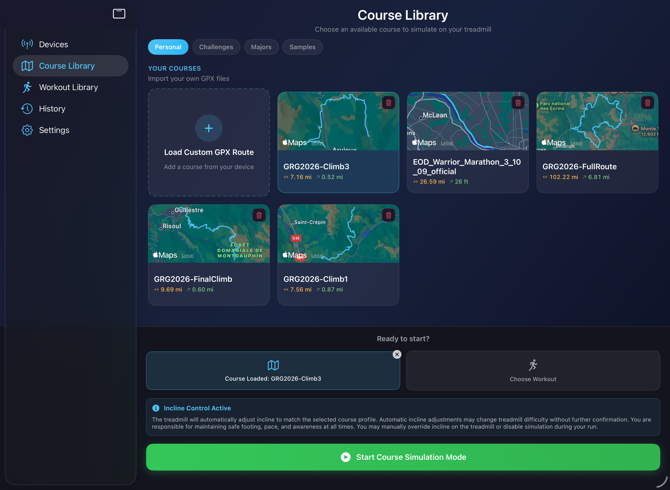 PowerTread course library with saved and featured routes