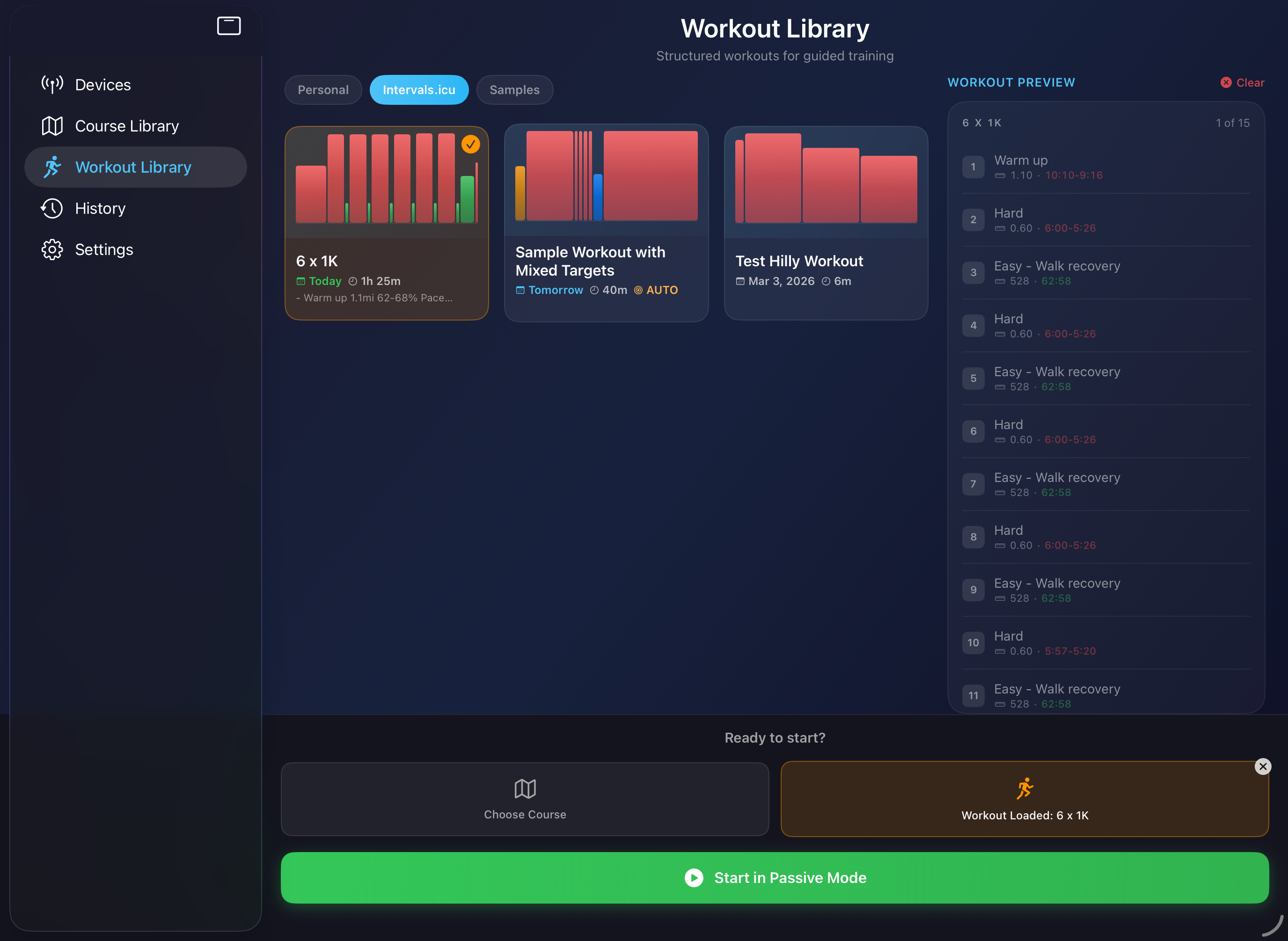PowerTread workout library with planned sessions